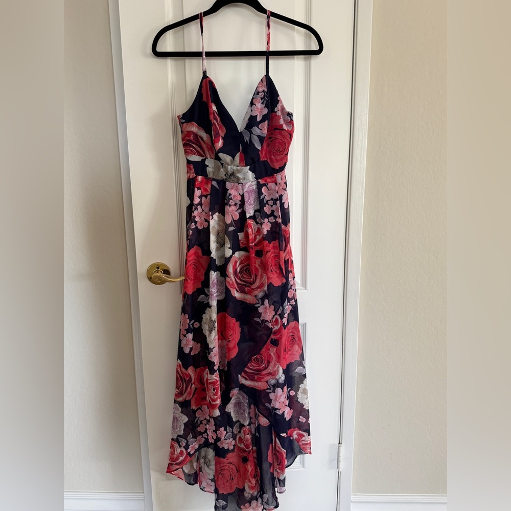 Crystal Doll Pink and Navy Floral High-Low Dress